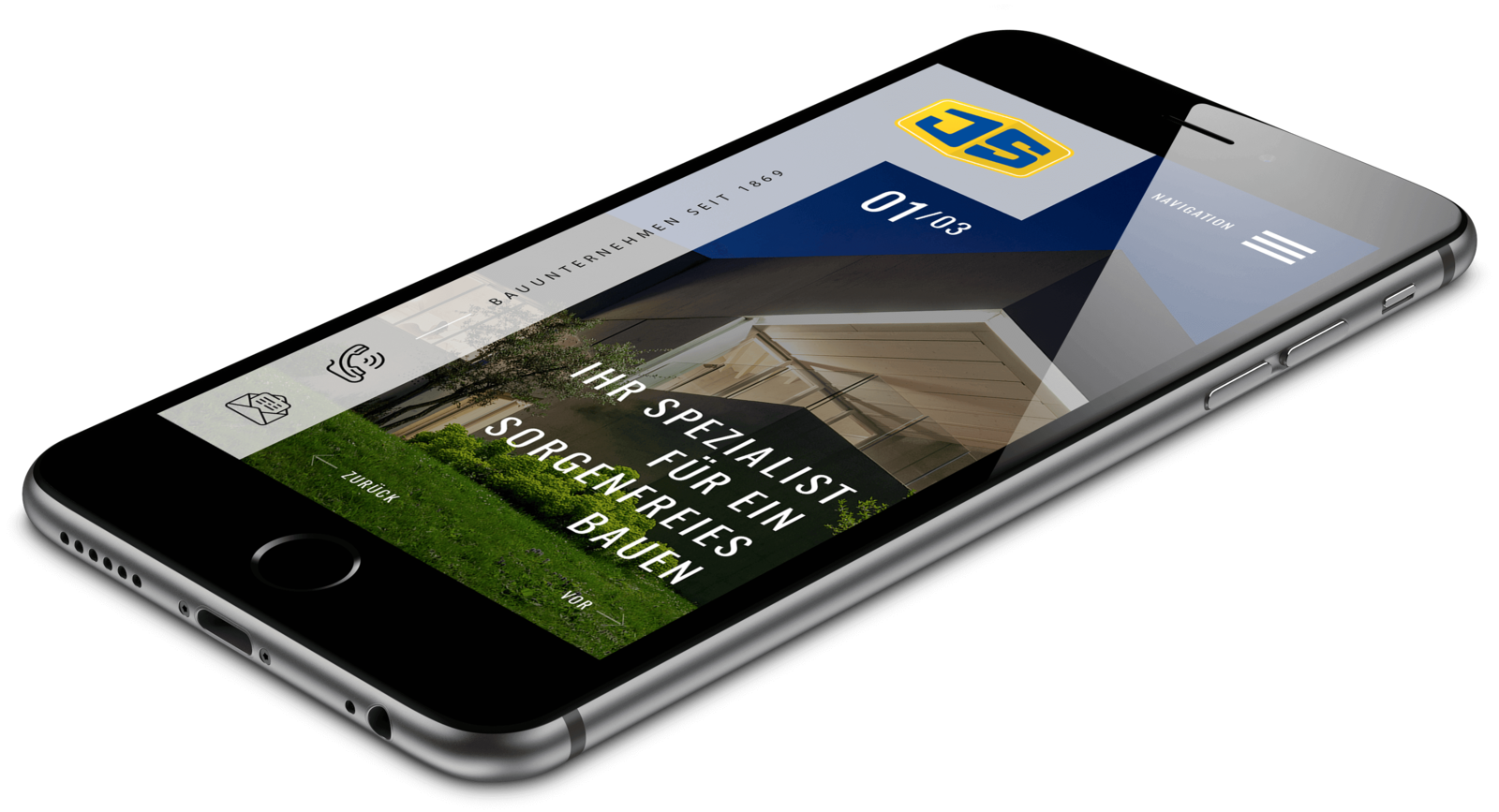 Smartphone mit Startseite der Homepage von Specht Bau Hausbau mit moderner Architektur