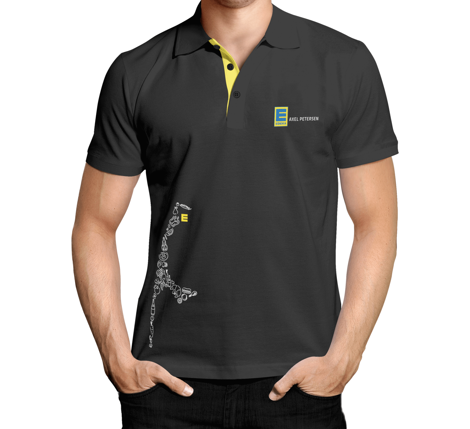 Schwarzes Poloshirt mit gelben Druck von Edeka Sylt mit Inselsilouette