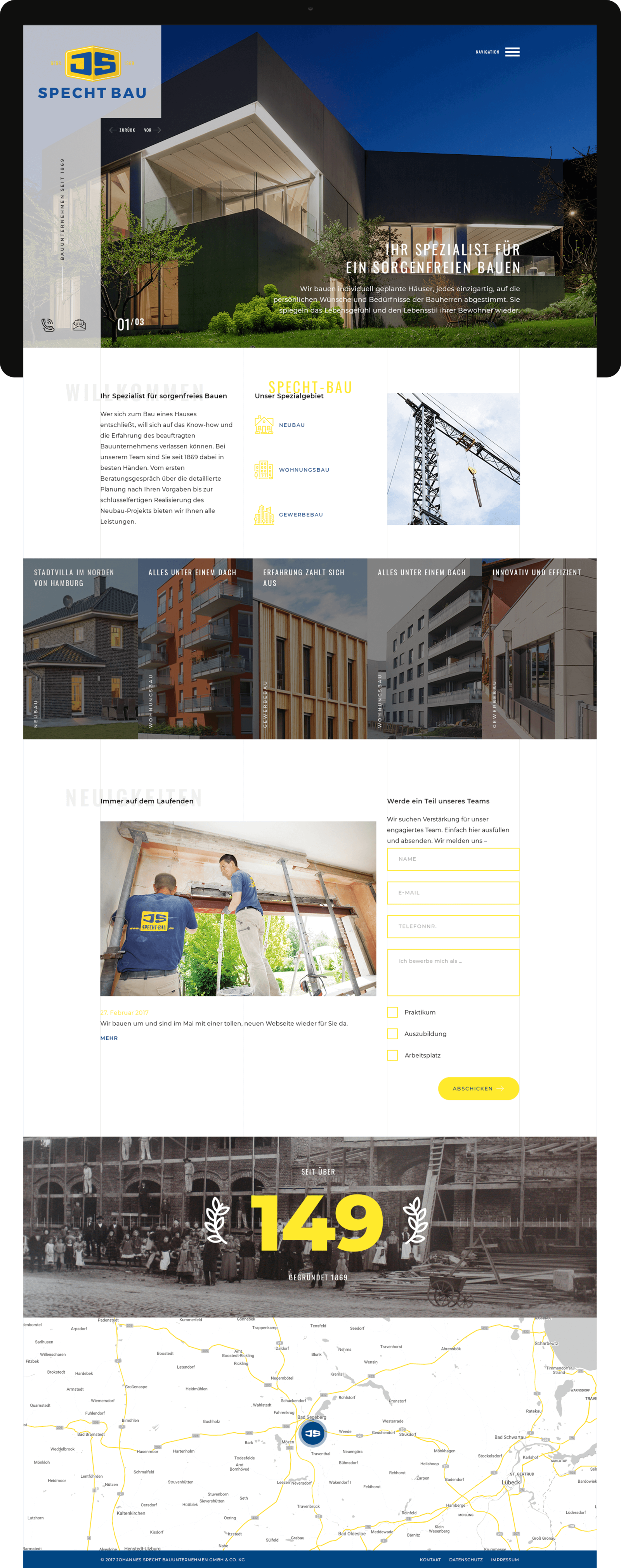 Website mit Startseite vom Bauunternehmen Specht Bauunternehmen mit News und Kontaktformular