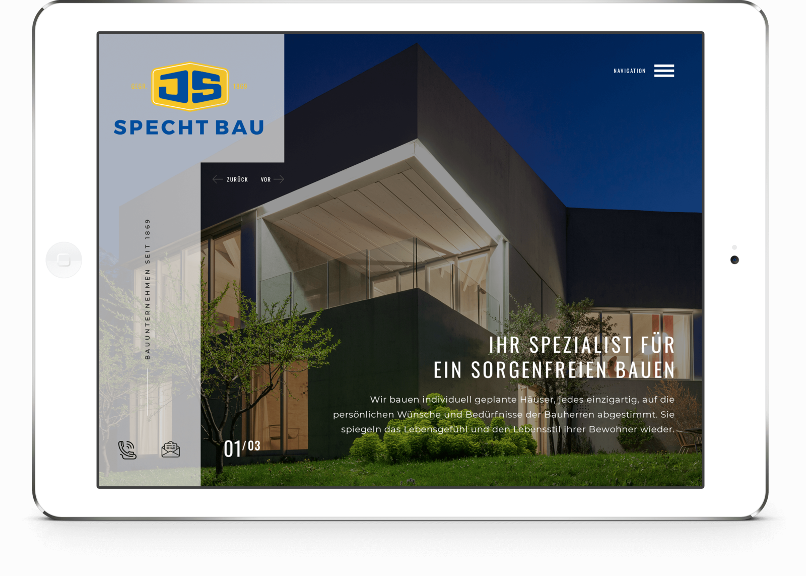 Tablet in Weiss mit der Startseite und großer Headgrafik mit modernen Homepage Design
